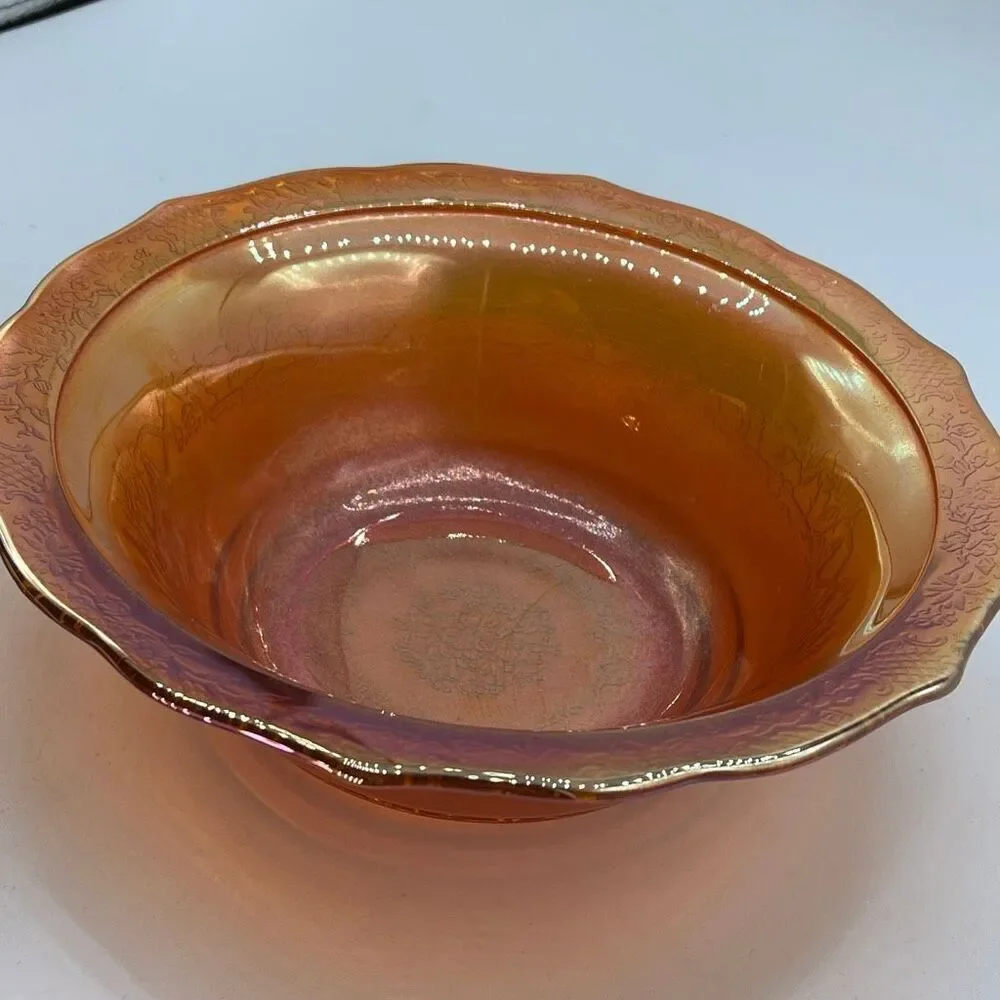 Federal Glass Marigold Carnival Glass Flora Rose Lattice 8-1/4 serving bowl.